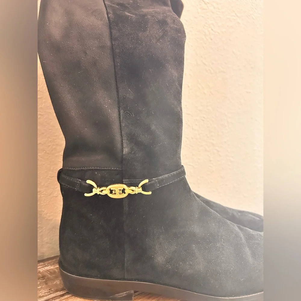 Sam Edelman Women's Clive Gold Buckled Black Velvet Riding‎ Boots Size 8.5